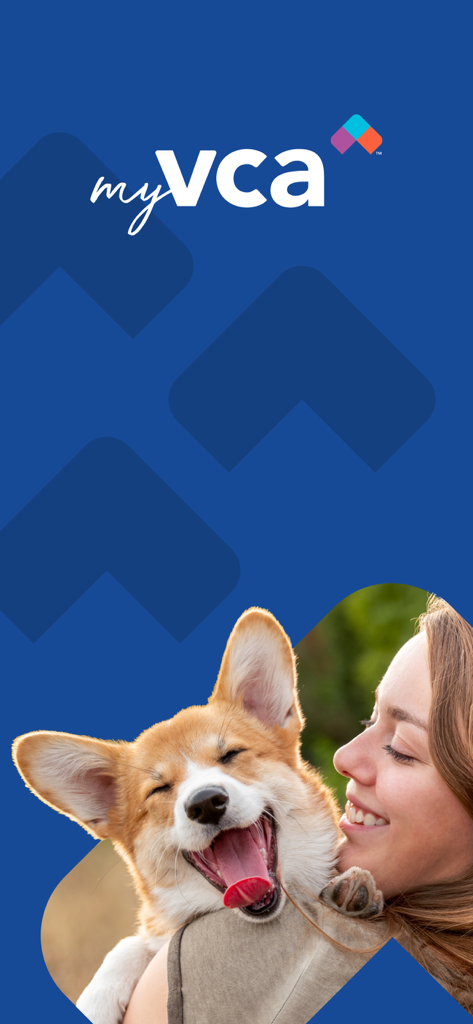 A smiling woman hugging a happy Corgi dog on the myVCA app welcome screen.