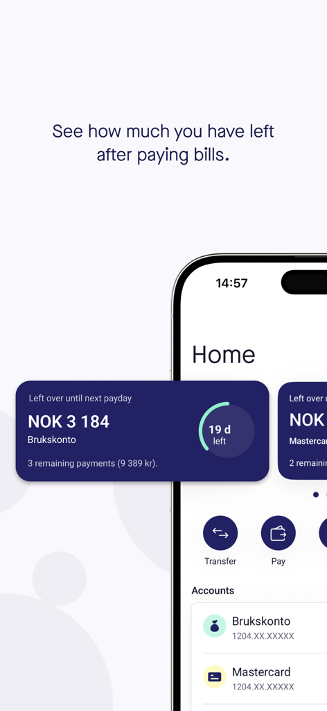 Sbanken mobile app screen showing balance left over until next payday and account summaries