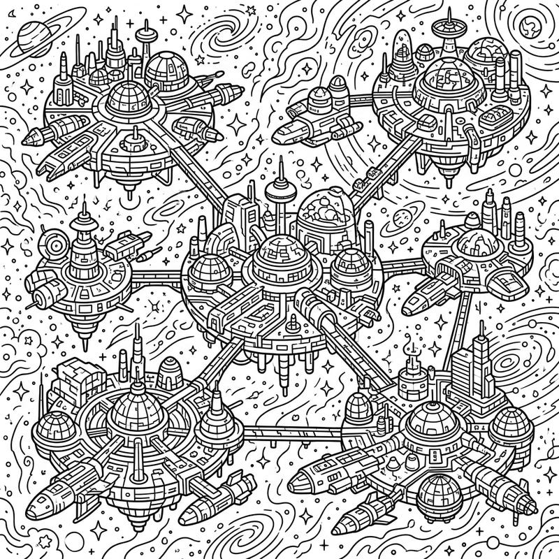 Dive into a universe of creativity with this stunning Interstellar Archipelagos coloring page, depicting vast, interconnected space habitats floating among the stars. Perfect for sci-fi enthusiasts and anyone dreaming of cosmic exploration.