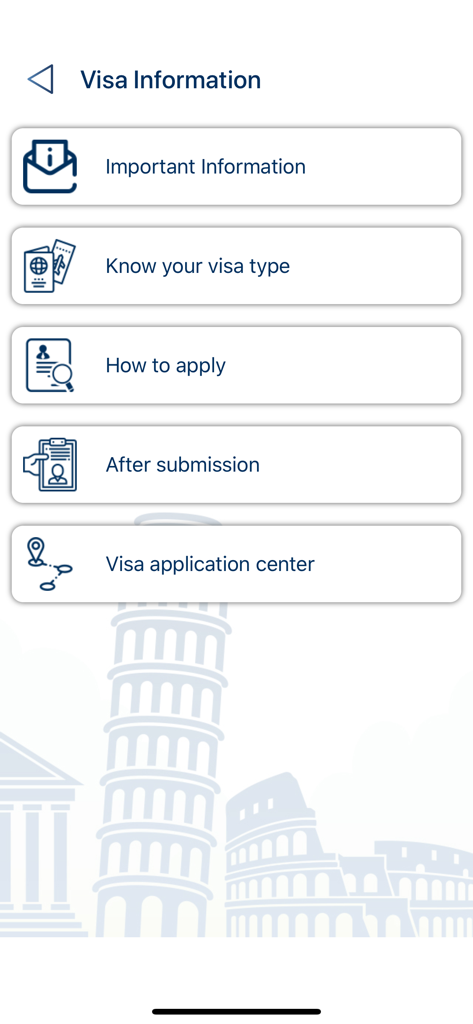 Italy Global app visa information menu showing application steps and center locations