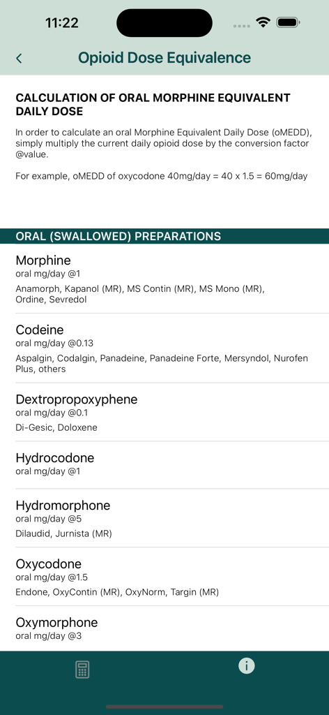 Medical app screen showing oral opioid preparations and their conversion factors for dose equivalence calculations