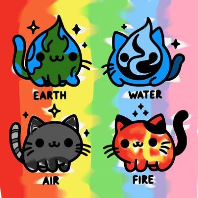 4 cats that represent the different elements, earth, water, air, and fire