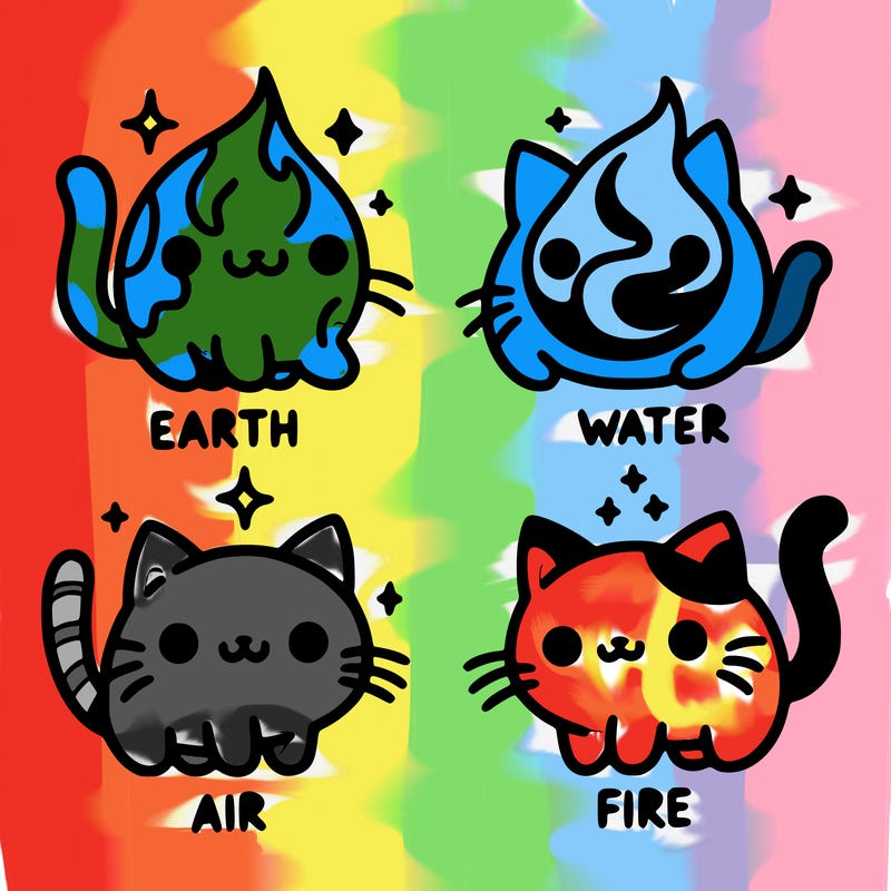 4 cats that represent the different elements, earth, water, air, and fire
