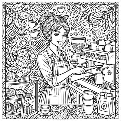 Celebrate the art of coffee-making with this detailed barista coloring page. Featuring a cheerful professional at her espresso machine, it's perfect for anyone who loves cafes.