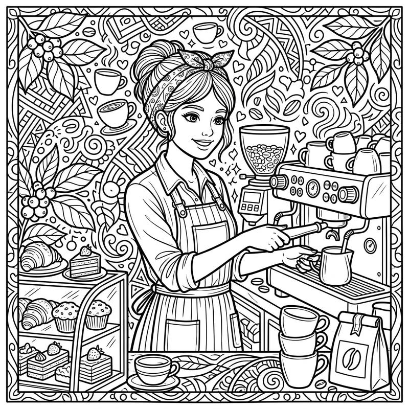 Celebrate the art of coffee-making with this detailed barista coloring page. Featuring a cheerful professional at her espresso machine, it's perfect for anyone who loves cafes.