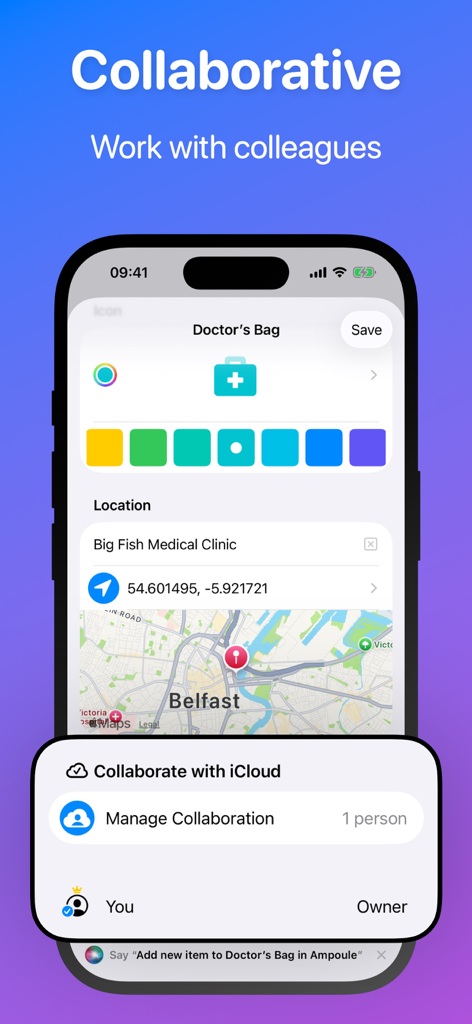 Ampoule - Medical Inventory - Ampoule app interface showing iCloud collaboration settings for a shared medical inventory doctor bag