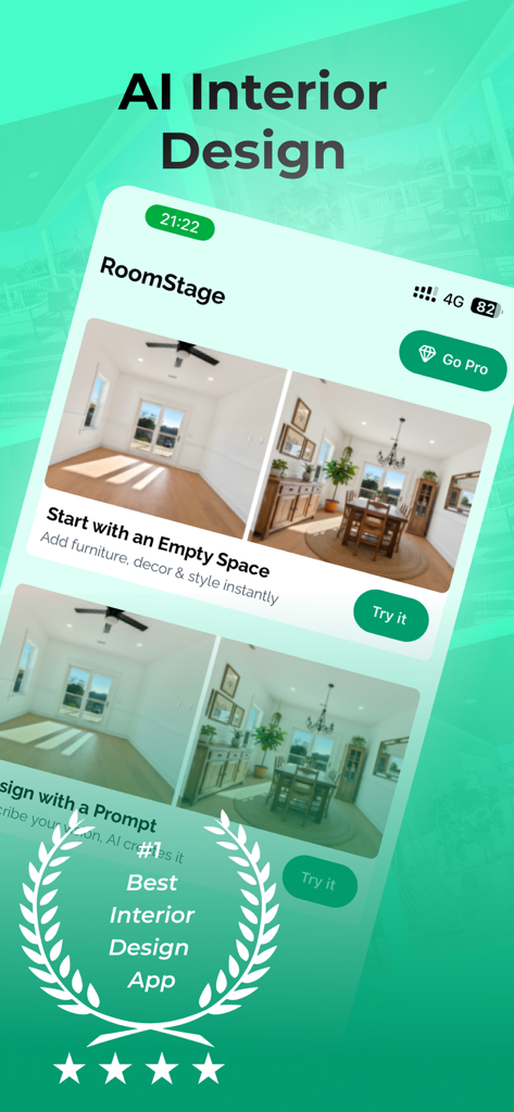 AI Interior Design - RoomStage - RoomStage App-Oberfläche, die KI-virtuelles Staging von einem leeren Raum in einen eingerichteten Essbereich zeigt.