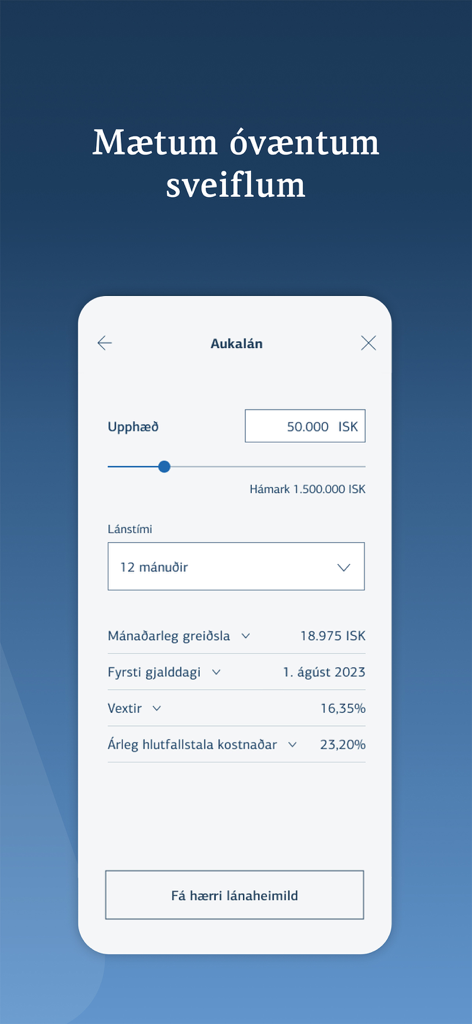 Landsbankinn - Screenshot of the Landsbankinn app showing the Aukalan loan calculator interface with amount and duration settings