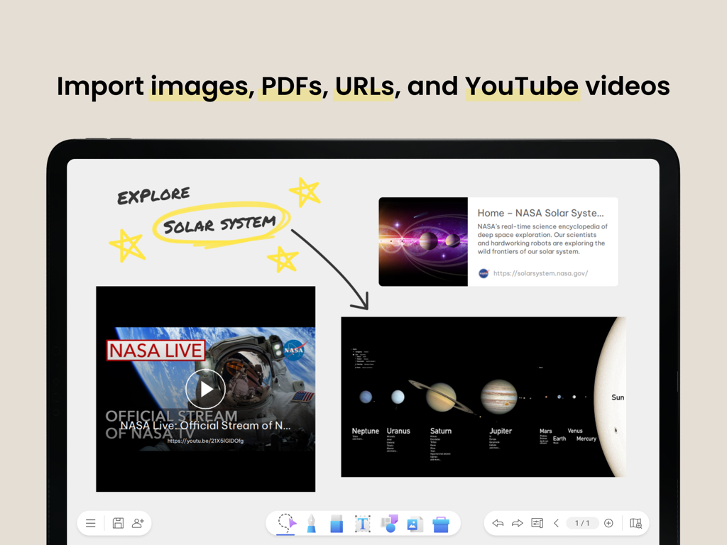 EZWrite 6 - Pizarra digital EZWrite 6 en iPad mostrando videos, imágenes y enlaces web importados sobre el sistema solar