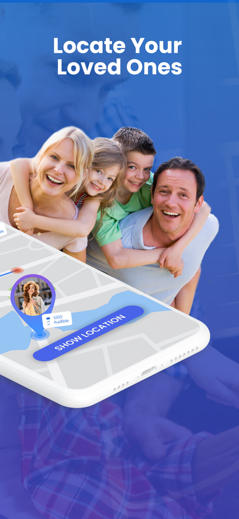 A smartphone displaying the GeoLog app map interface with a happy family in the background and the text Locate Your Loved Ones