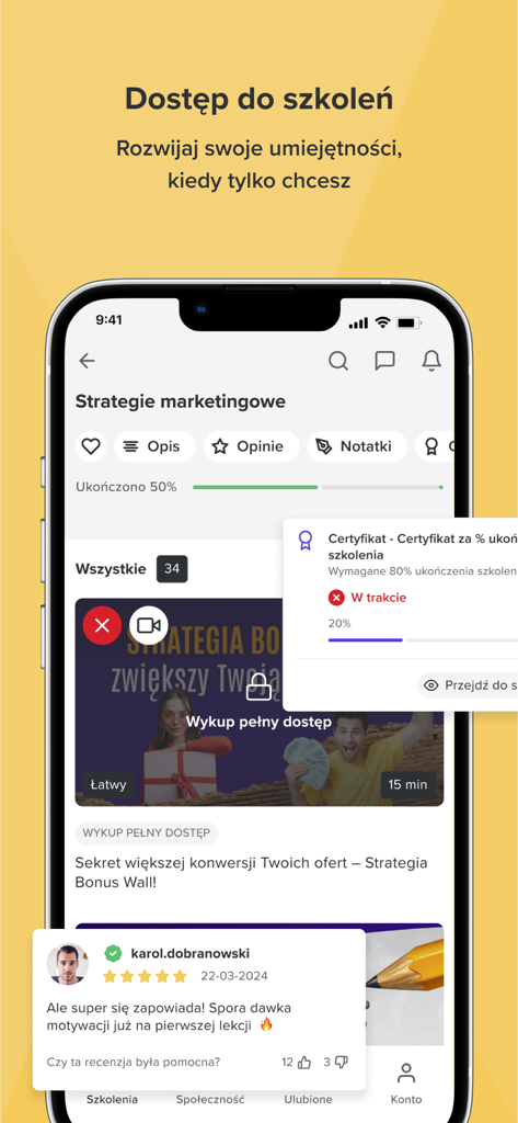 Web To Learn GO Mobile App-Oberfläche, die einen Marketingkurs mit Fortschrittsverfolgung und Studentenbewertungen zeigt