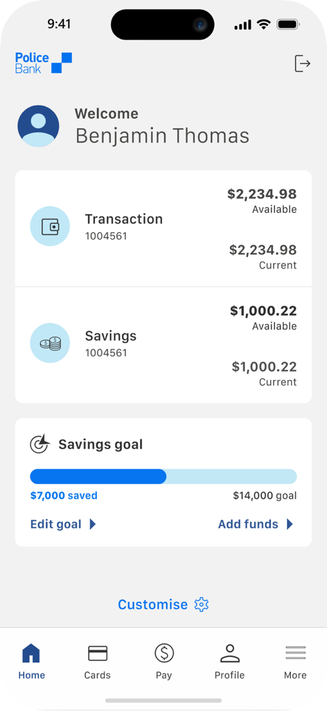 Police Bank Mobile Banking - Screenshot of the Police Bank mobile app dashboard showing account balances and savings goal progress for a user.