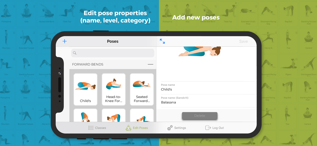 Interface of Yoga Class Plan app showing how to edit pose names and Sanskrit translations in the forward bends category