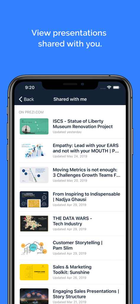 Prezi Viewer - A mobile screen showing a list of shared professional presentations in the Prezi Viewer app