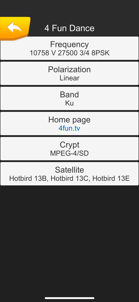 Satellite map AR SatFinder 3D - Technical specifications for a satellite channel showing frequency polarization and band details