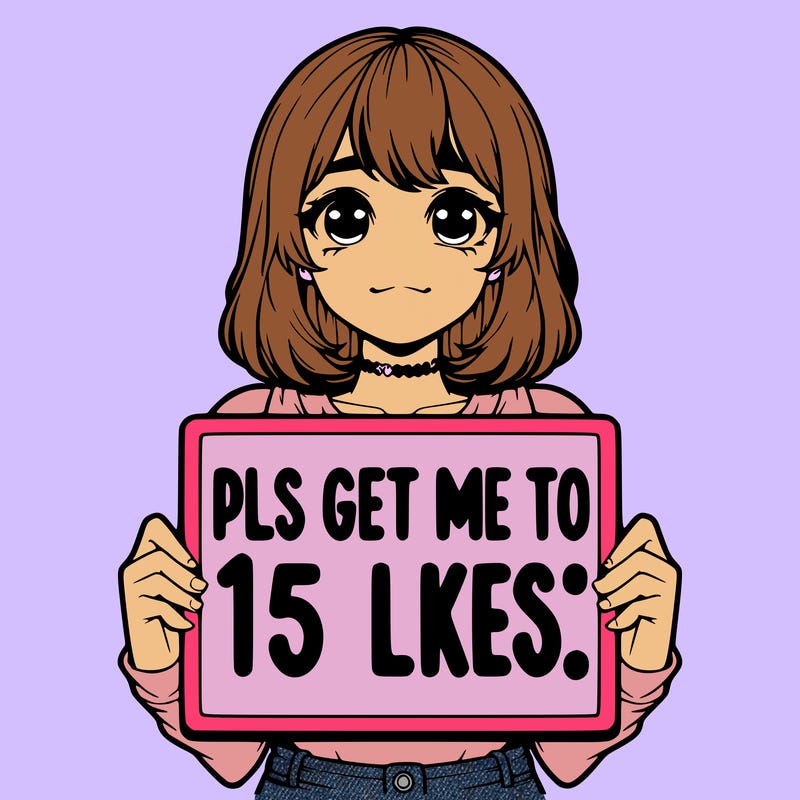 realistic girl holding up a sign that says “pls get me to 15 likes!”