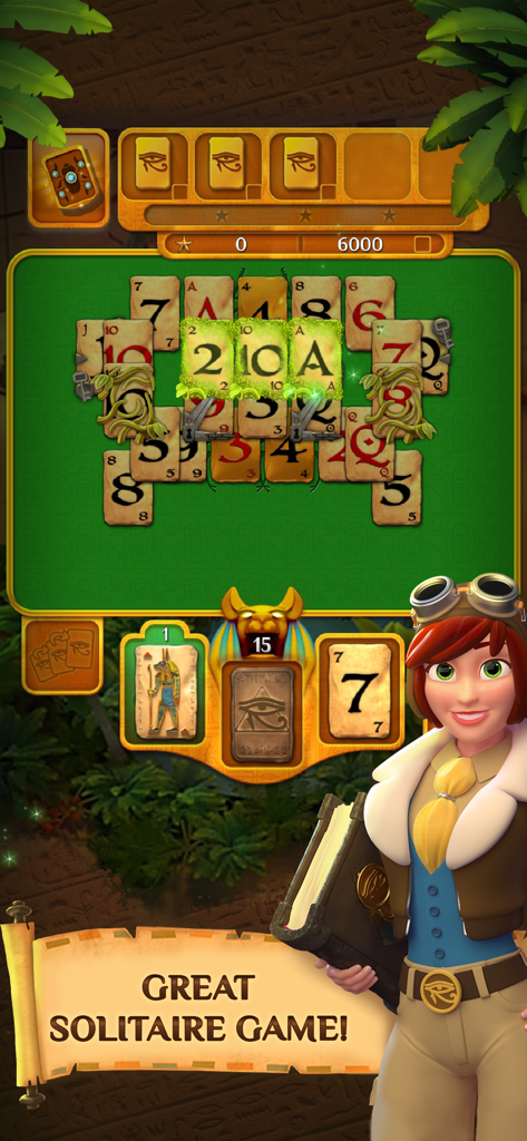 A screenshot of Pyramid Solitaire Saga gameplay showing card stacks in an Ancient Egyptian setting with the character Helena.