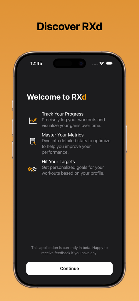 RXd - Workouts Tracker - Welcome screen for RXd Workouts Tracker highlighting progress tracking and performance metrics