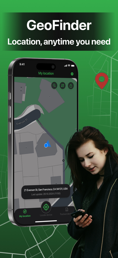 Family GPS Phone Location Life - A woman using the GeoFinder app on her iPhone to view real-time family location on a map