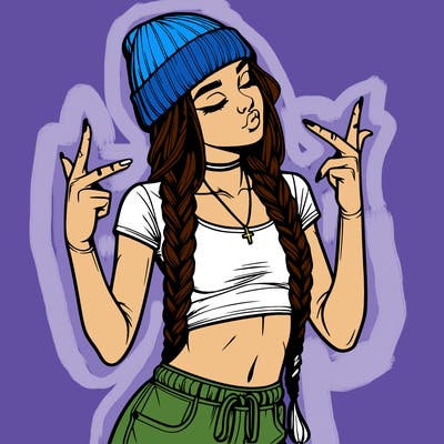 realistic teenage girl with braids and a beanie and crop top doing 🫶🏼