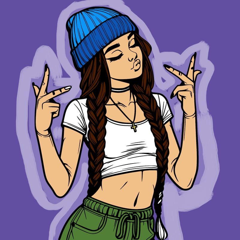 realistic teenage girl with braids and a beanie and crop top doing 🫶🏼