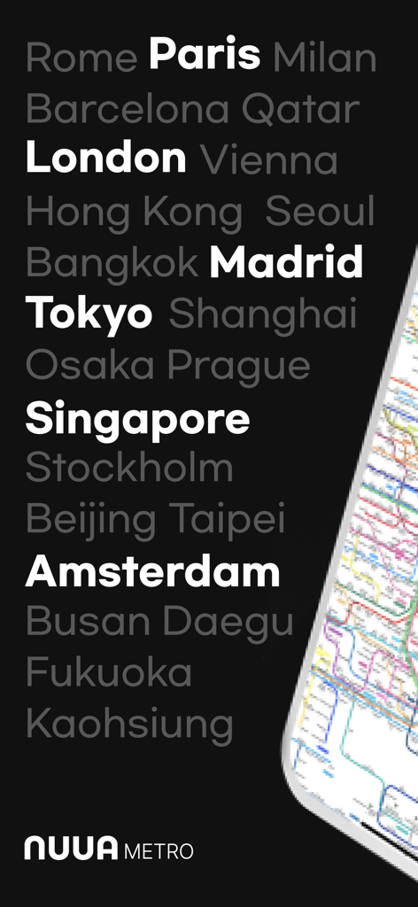Banner do aplicativo NUUA METRO mostrando uma lista de cidades internacionais e uma prévia do mapa de metrô em um dispositivo móvel