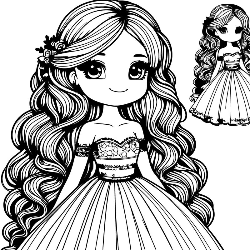 realistic girl in a pretty dress with long hair that is curled