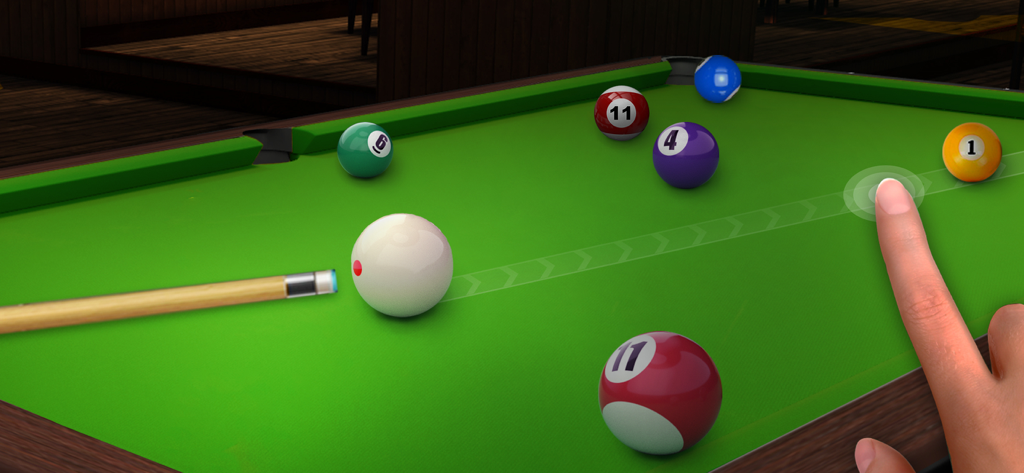 Billiards City - 8 Ball Pool - A close up of a hand using touch controls to aim a pool cue at a cue ball on a green billiards table in Billiards City.
