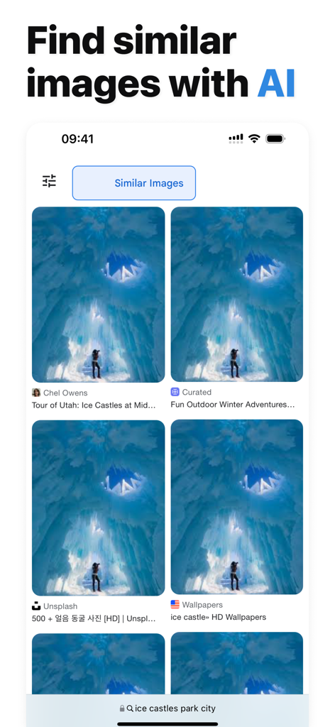 Reverse Image Search: Eye Lens - Reverse Image Search app interface showing AI-powered similar image results for ice castles