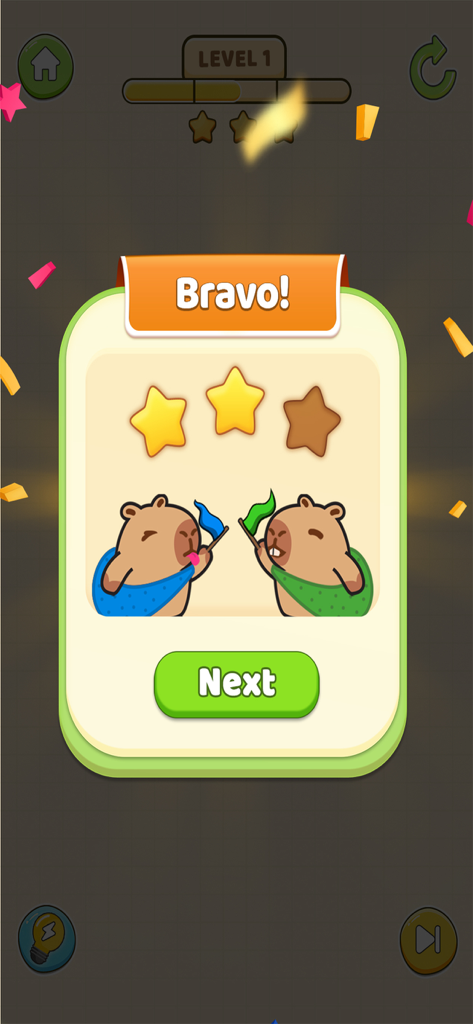 Level completion screen of Capy Rush Race featuring two cute capybaras celebrating with flags