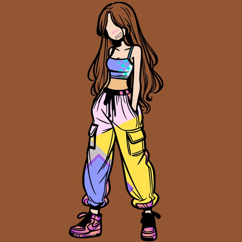 girl in baggy pants crop top and long hair