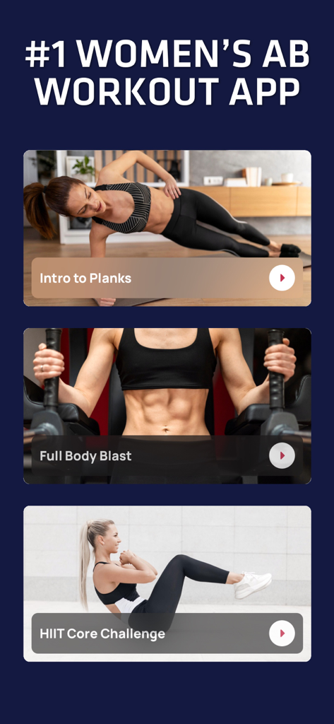 Interfaz de la app Rutina de Core y Abdominales para Mujeres mostrando diferentes rutinas de ejercicios abdominales, incluyendo planchas y desafíos de core HIIT.