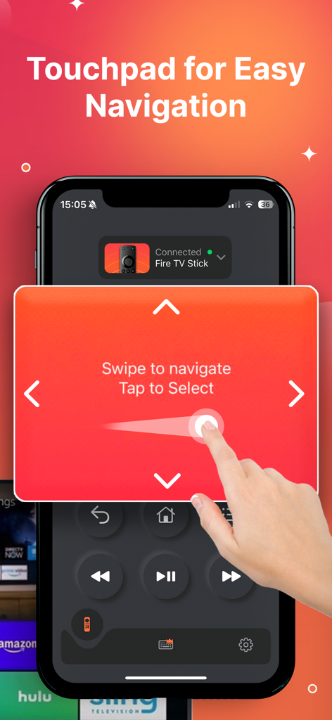 Remote Control for TV Stick - A hand using the swipe-based touchpad on an iPhone for TV stick navigation.
