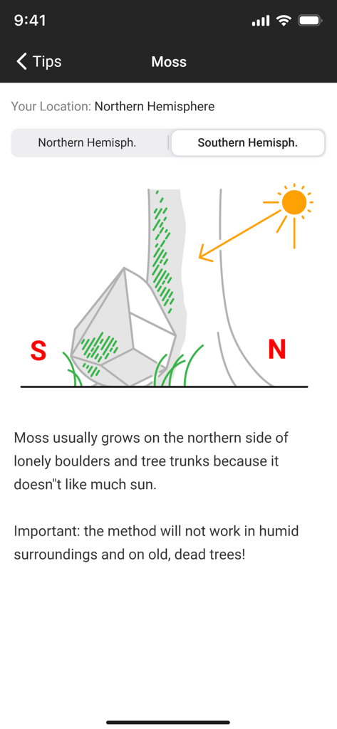 An illustration from the app showing how moss growth on boulders and trees indicates direction in the Northern Hemisphere.