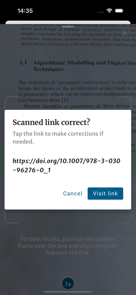 Screenshot of Springer Nature More Media app scanning a DOI link from a scientific textbook page