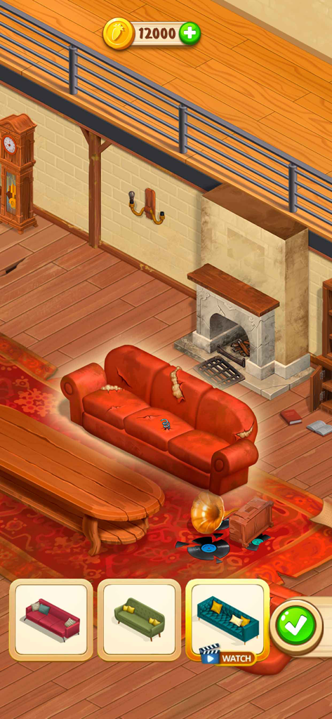 Word Farm Adventure - A renovation gameplay screen from Word Farm Adventure where a player chooses a new sofa to replace a torn old one in a farmhouse living room.