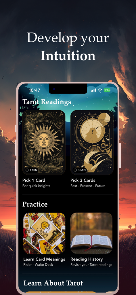 Interface do aplicativo móvel Witch AI Tarot mostrando opções para escolher uma ou três cartas e aprender os significados das cartas.