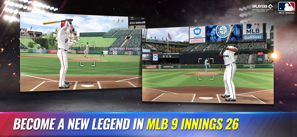 MLB 9 Innings 26 gameplay showing 3D batting and pitching in official baseball stadiums