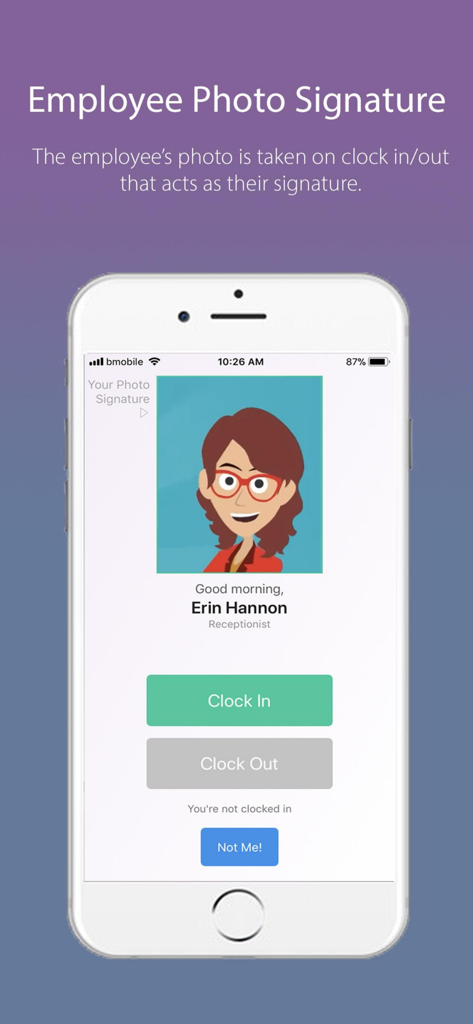 Timekeeper app interface displaying employee photo signature and clock in buttons