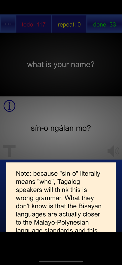 Speakin' Ilonggo - Speakin Ilonggo app interface displaying an English to Ilonggo phrase translation with a grammar note.