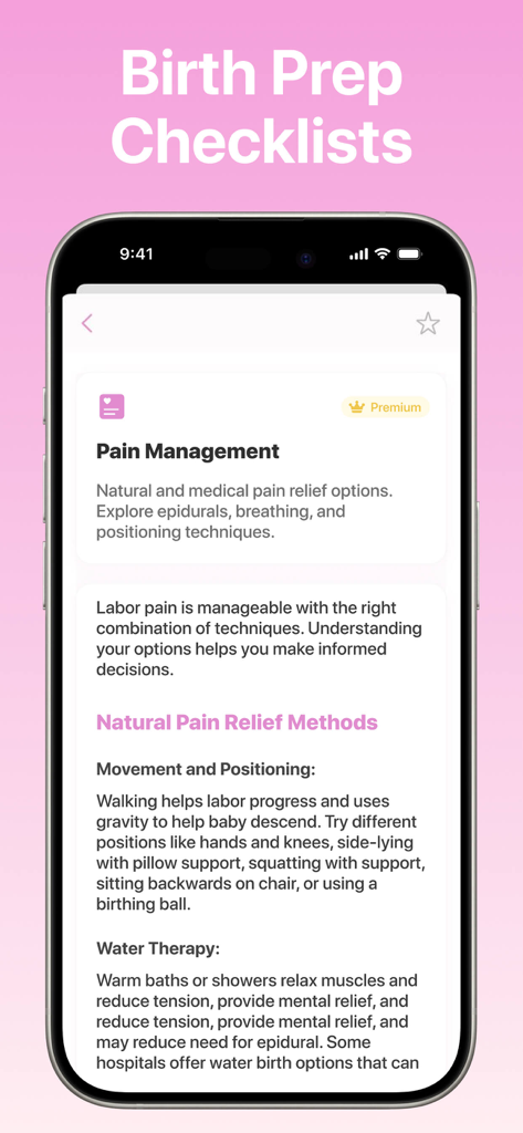 Contraction Timer Tracker . - Pantalla de la aplicación móvil que muestra Listas de Preparación para el Parto con guías de manejo del dolor de parto y métodos de alivio natural