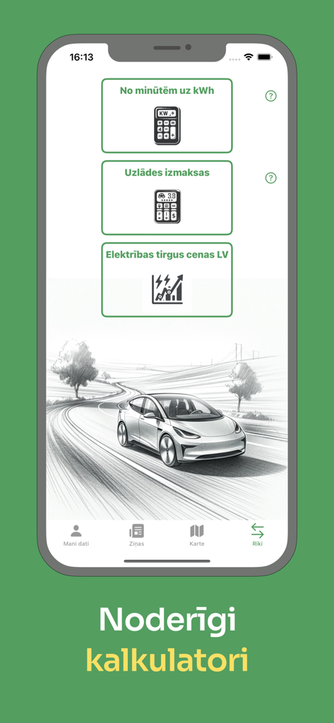 Screenshot of EV Life LV app tools page featuring electric vehicle charging cost calculators and market prices