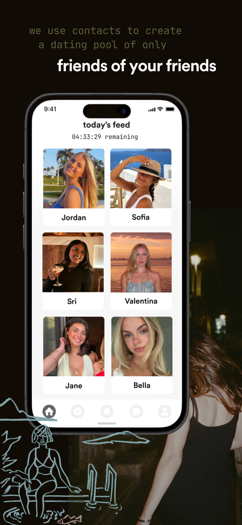 Screenshot dell'app Frnds of Frnds che mostra un feed di foto di profili di potenziali abbinamenti all'interno di una cerchia sociale reciproca
