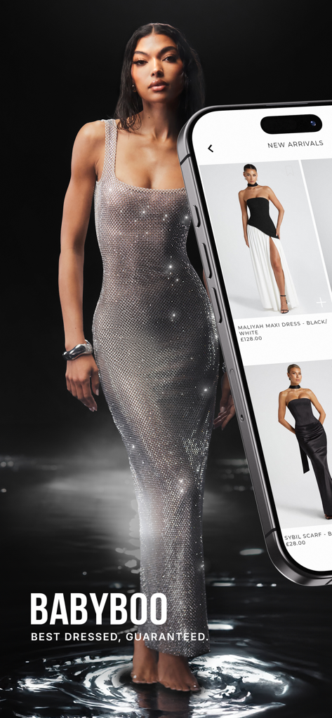 Interfaz de la aplicación de compras de moda Babyboo mostrando nuevas llegadas y una modelo con un vestido brillante plateado