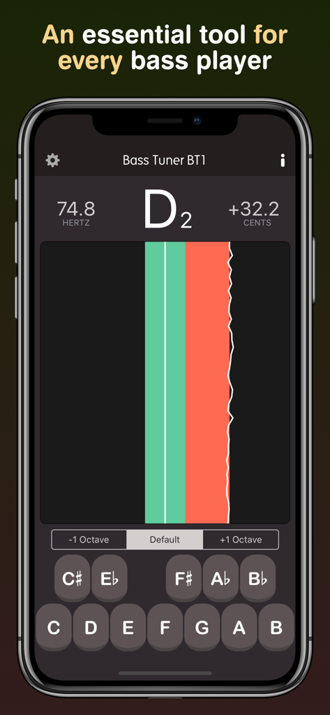 Bass Tuner BT1 Pro - Interfaz de la aplicación Bass Tuner BT1 Pro mostrando detección de tono en tiempo real y generador de tonos para instrumentos de bajo
