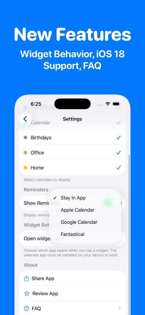 I Need That Widget - Settings screen of I Need That Widget app showing calendar customization and external app integration options