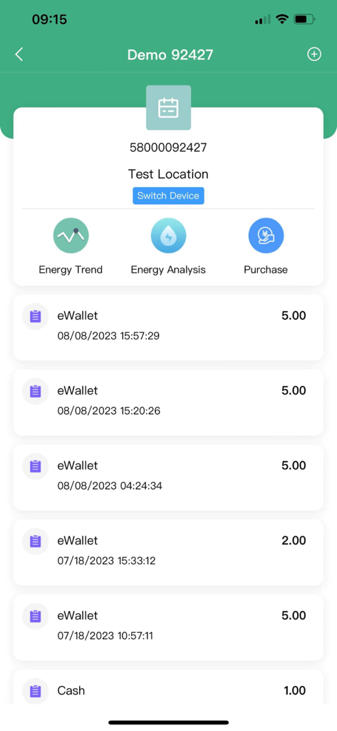 MeterMate Smart - MeterMate Smart app dashboard showing a list of recent energy payment transactions and navigation icons for energy trends and analysis