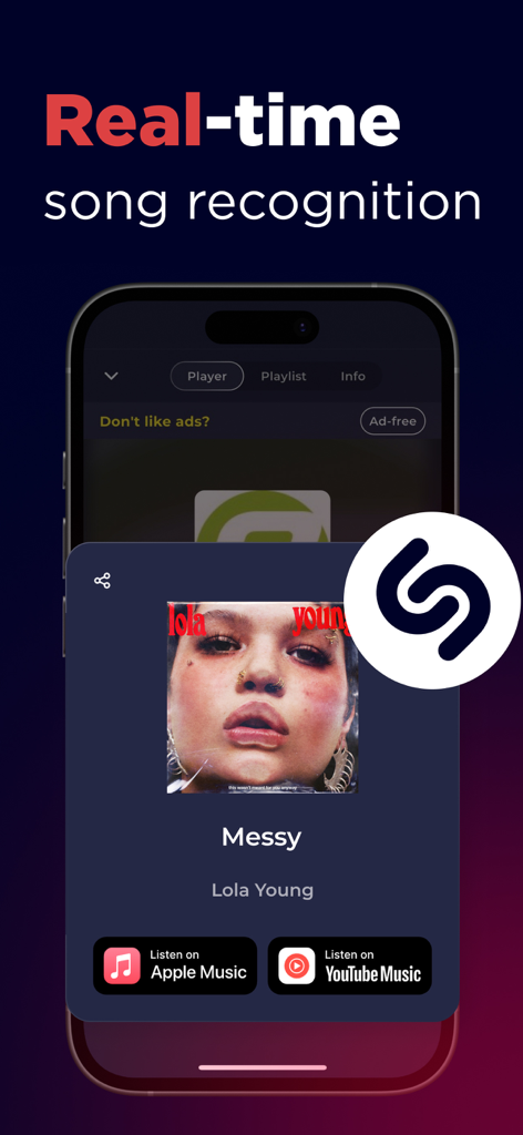 Función de reconocimiento de canciones en tiempo real en la aplicación Radio Alemania utilizando la integración de Shazam.