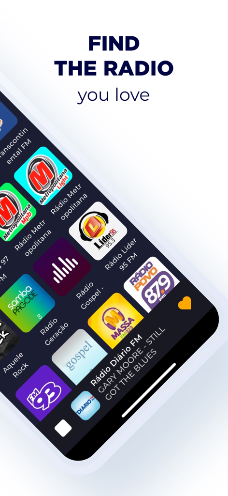 Interface of the Radio Brazil app displaying icons for various Brazilian radio stations like Metropolitana and Radio Gospel