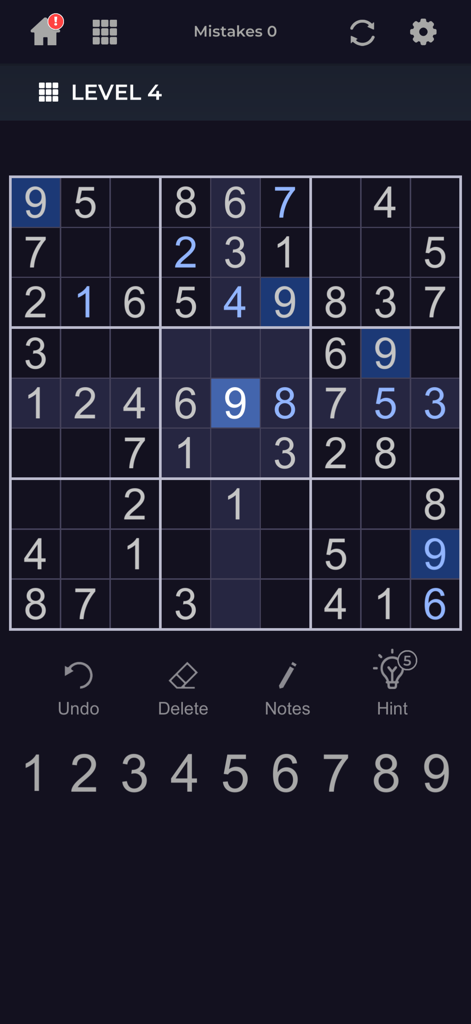 A Sudoku puzzle grid displayed in an elegant dark mode interface with navigation and gameplay tools.